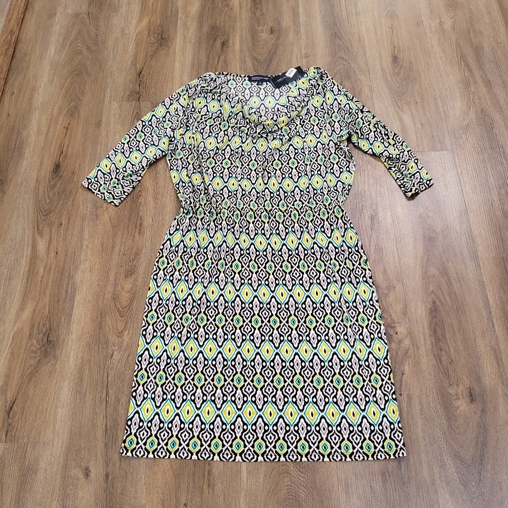 Jones New York Geometric Print Dress Large Stretch Knit Modest Career New Office - Picture 2 of 11